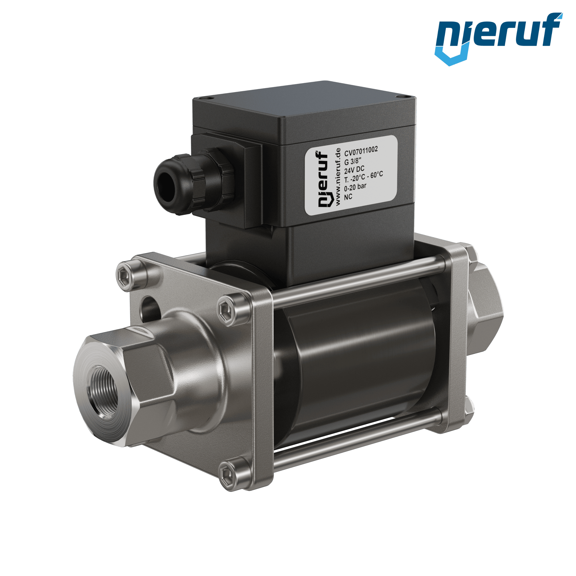 vanne coaxiale ATEX CV07 3/8" pouce femelle - DN10 acier inoxydable 24V DC NC - pour application avec de l'eau