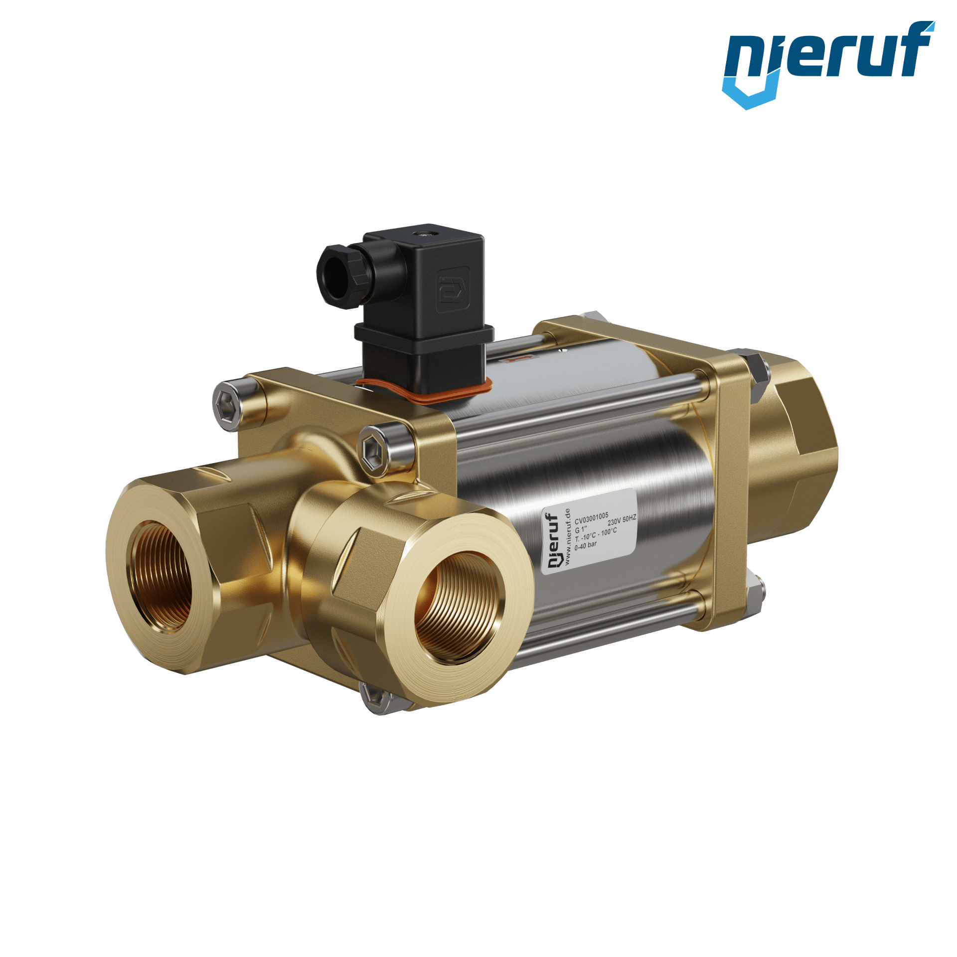 vanne coaxiale à 3/2 voies 1" pouce femelle - DN25 laiton 230V AC NC - pour application avec de l'eau