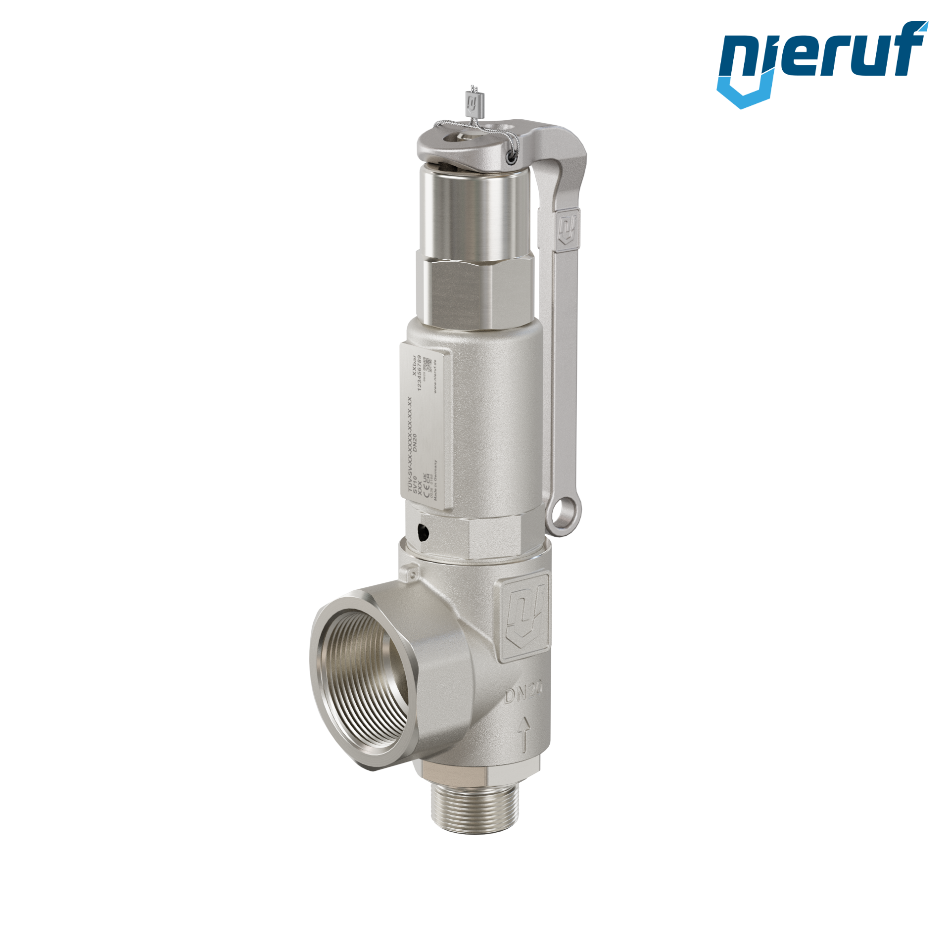 soupape de sûreté 3/4" mâle  x 1 1/4" femelle SV10 fluides gazeux, acier inoxydable PTFE, avec levier